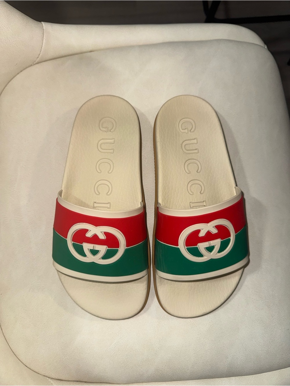 Gucci Cream Slides with Red and Green Striped GG Strap